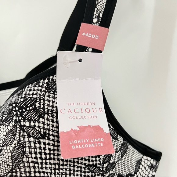 NWT Cacique 44DDD Lightly Lined Balconette Bra Faux Black White Lace - Picture 3 of 9